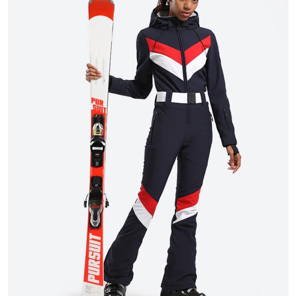 NWT, Gsou Snow Women's Stripe One Piece Ski Suit With Hood, L - Picture 3 of 8